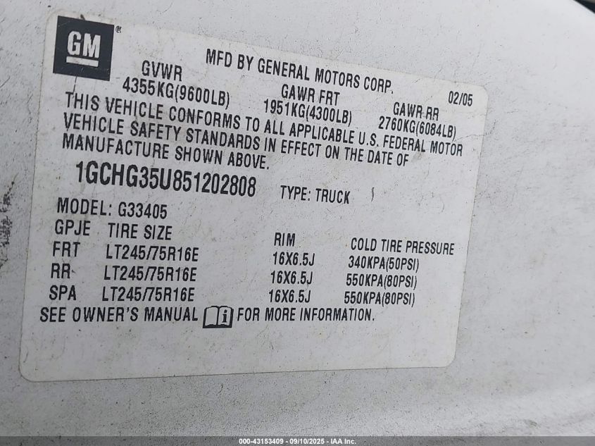 2005 Chevrolet Express VIN: 1GCHG35U851202808 Lot: 43153409
