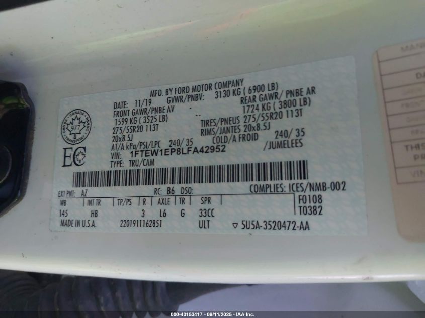 2020 Ford F-150 Lariat VIN: 1FTEW1EP8LFA42952 Lot: 43153417