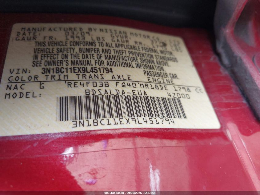 2009 Nissan Versa 1.8S VIN: 3N1BC11EX9L451794 Lot: 43153438