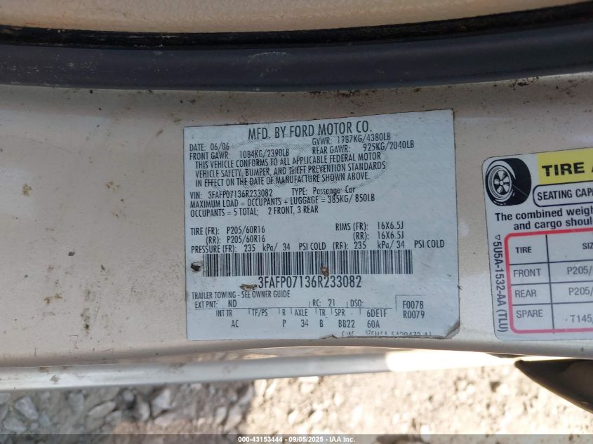 2006 Ford Fusion Se VIN: 3FAFP07136R233082 Lot: 43153444