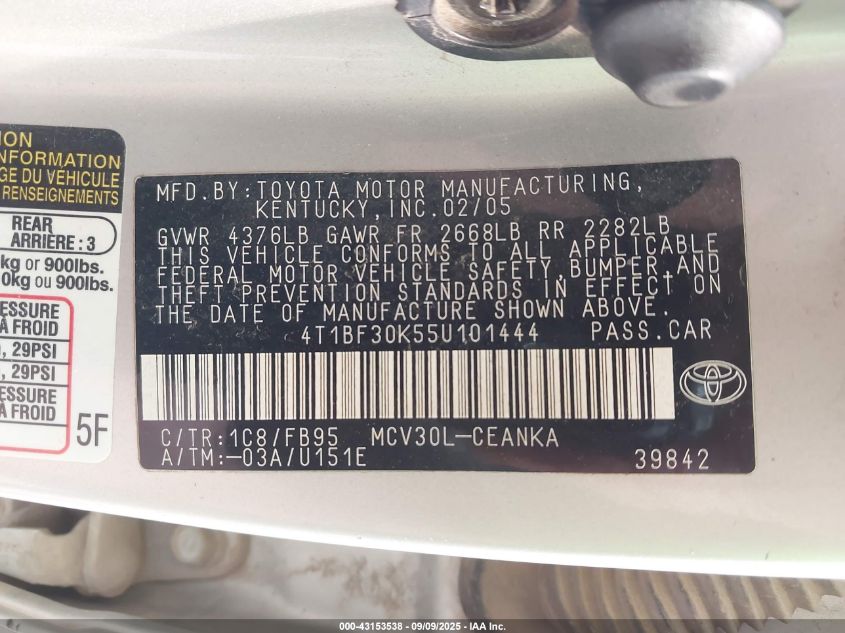 2005 Toyota Camry Le/Xle/Se VIN: 4T1BF30K55U101444 Lot: 43153538