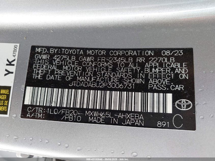 2023 Toyota Prius Le Awd-E VIN: JTDADABU2P3006731 Lot: 43153548