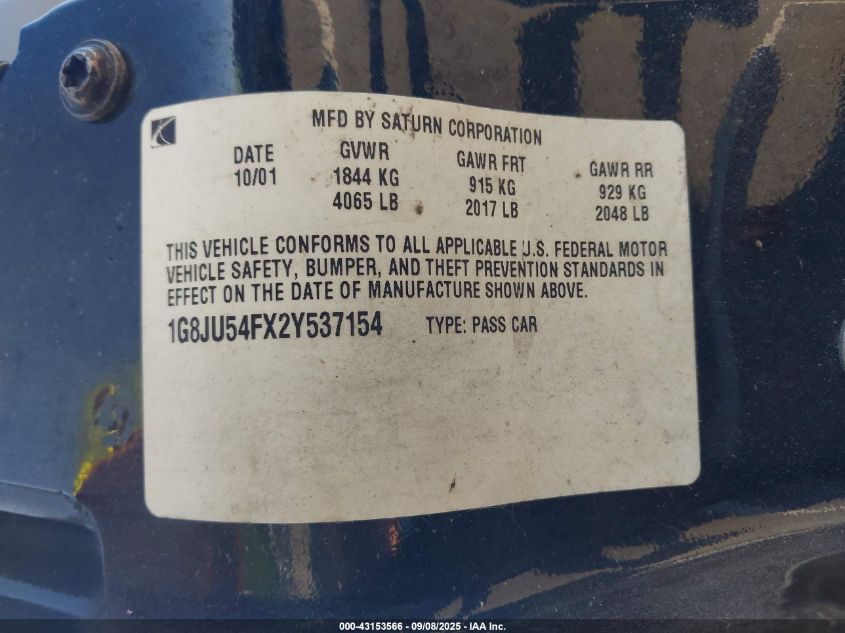 2002 Saturn L-Series L200 VIN: 1G8JU54FX2Y537154 Lot: 43153566