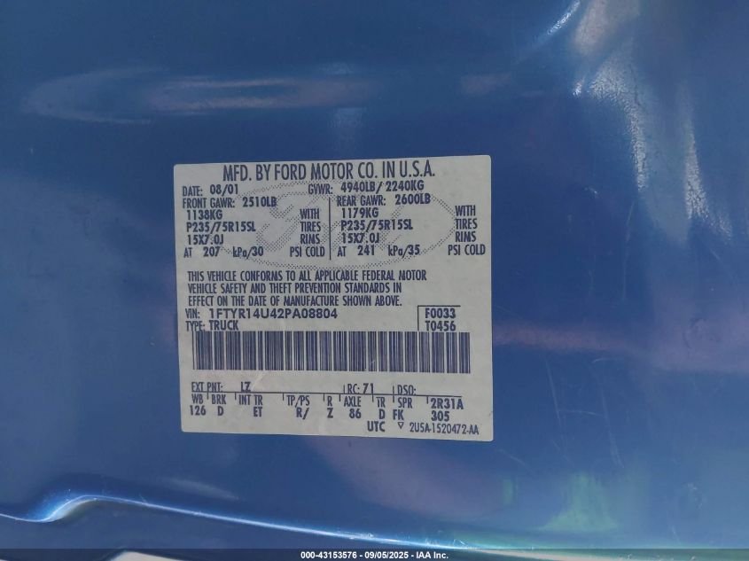 2002 Ford Ranger Edge/Tremor/Xl/Xlt VIN: 1FTYR14U42PA08804 Lot: 43153576