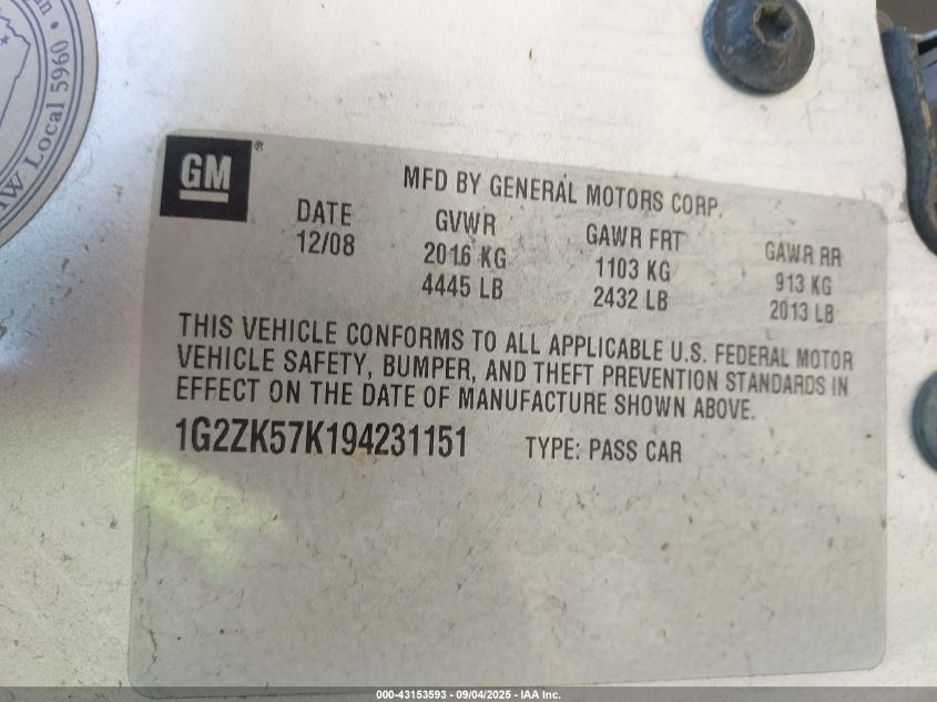 2009 Pontiac G6 New Gt VIN: 1G2ZK57K194231151 Lot: 43153593