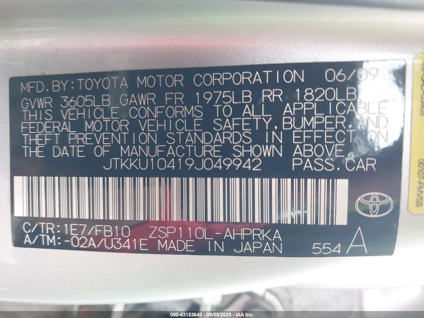 2009 Scion Xd VIN: JTKKU10419J049942 Lot: 43153640