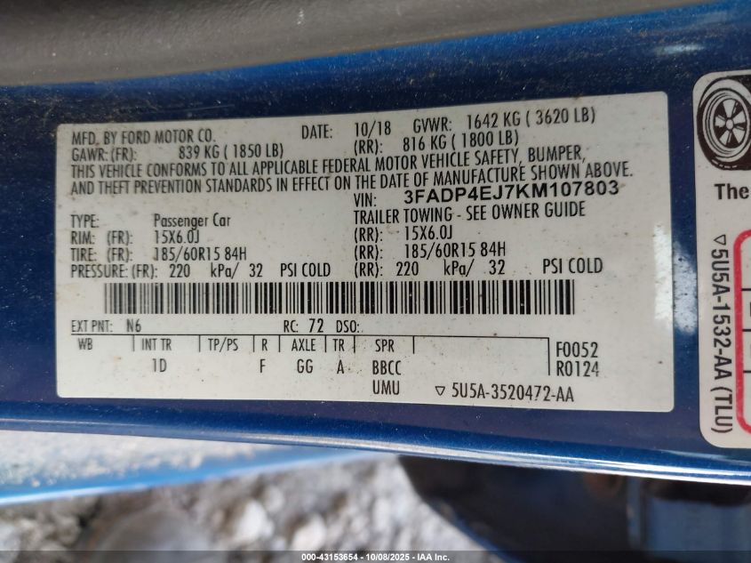 2019 Ford Fiesta Se VIN: 3FADP4EJ7KM107803 Lot: 43153654