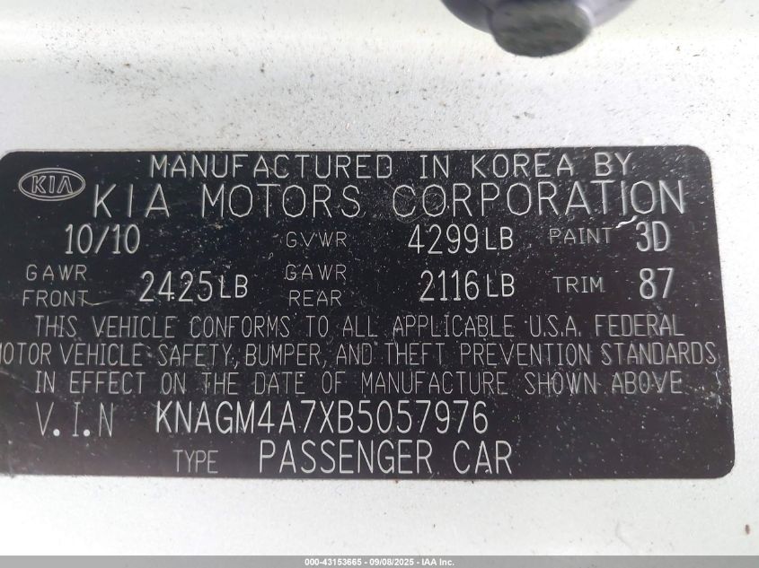 2011 Kia Optima Lx VIN: KNAGM4A7XB5057976 Lot: 43153665