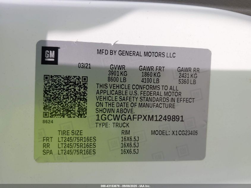 2021 Chevrolet Express Cargo Rwd 2500 Regular Wheelbase Wt VIN: 1GCWGAFPXM1249891 Lot: 43153676