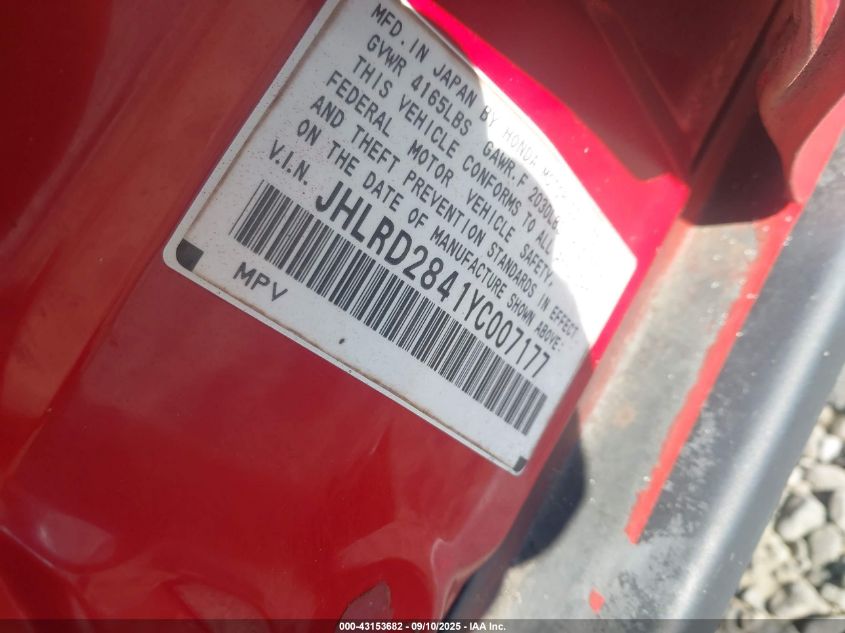 2000 Honda Cr-V Lx VIN: JHLRD2841YC007177 Lot: 43153682