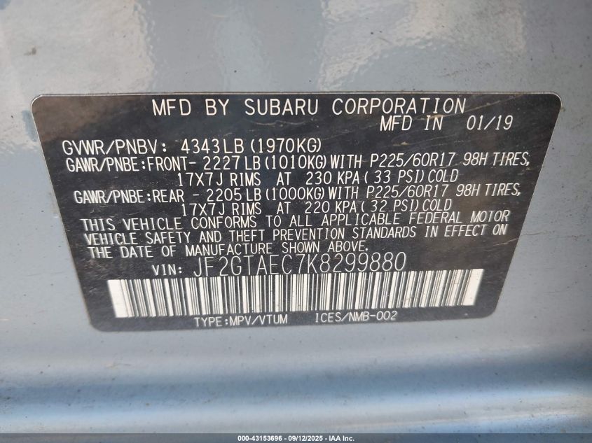2019 Subaru Crosstrek Premium VIN: JF2GTAEC7K8299880 Lot: 43153696
