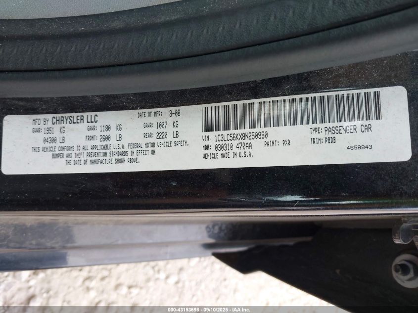 2008 Chrysler Sebring Touring VIN: 1C3LC56KX8N250990 Lot: 43153698