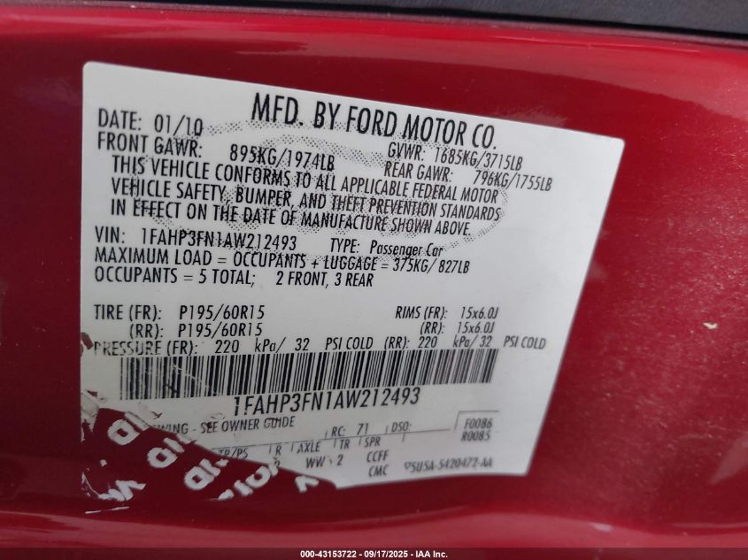 2010 Ford Focus Se VIN: 1FAHP3FN1AW212493 Lot: 43153722