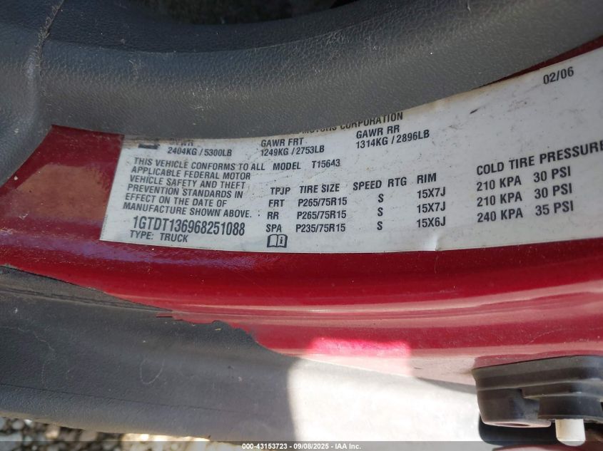 2006 GMC Canyon Slt VIN: 1GTDT136968251088 Lot: 43153723