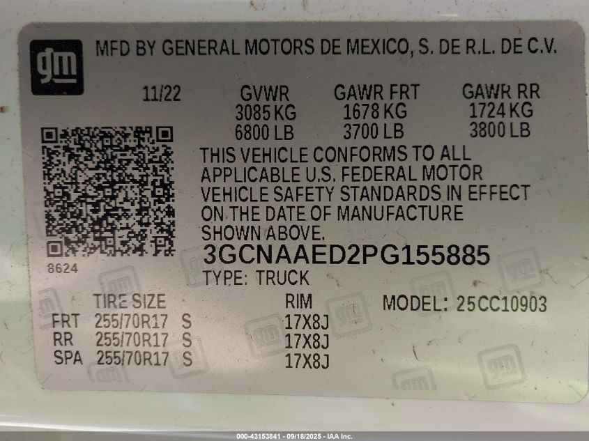 2023 Chevrolet Silverado 1500 2Wd Long Bed Wt VIN: 3GCNAAED2PG155885 Lot: 43153841