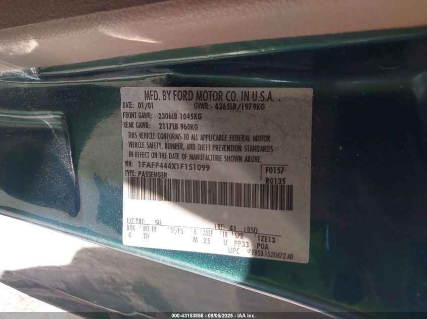 2001 Ford Mustang VIN: 1FAFP444X1F151099 Lot: 43153858