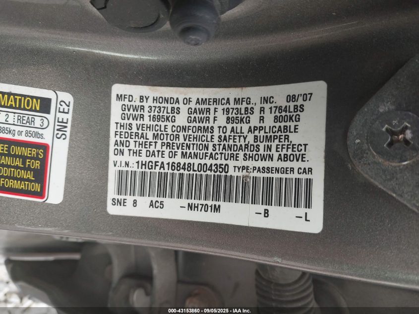 2008 Honda Civic Ex VIN: 1HGFA16848L004350 Lot: 43153860
