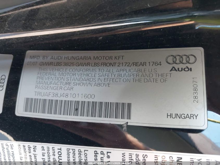 2008 Audi Tt 2.0T VIN: TRUAF38J481011600 Lot: 43153883