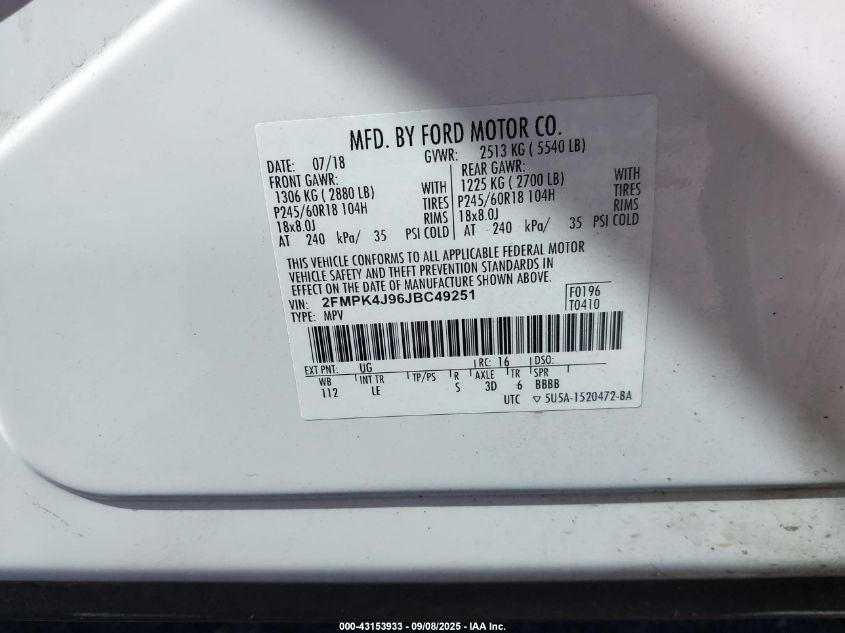 2018 Ford Edge Sel VIN: 2FMPK4J96JBC49251 Lot: 43153933