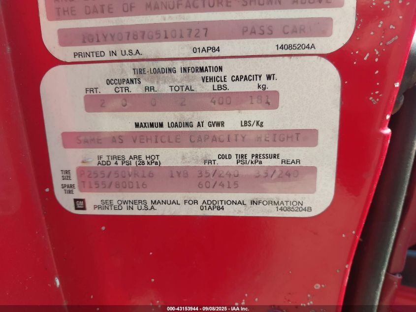 1986 Chevrolet Corvette VIN: 1G1YY0787G5101727 Lot: 43153944