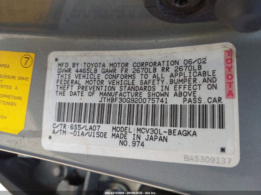 2002 Lexus Es 300 VIN: JTHBF30G920075741 Lot: 43153948