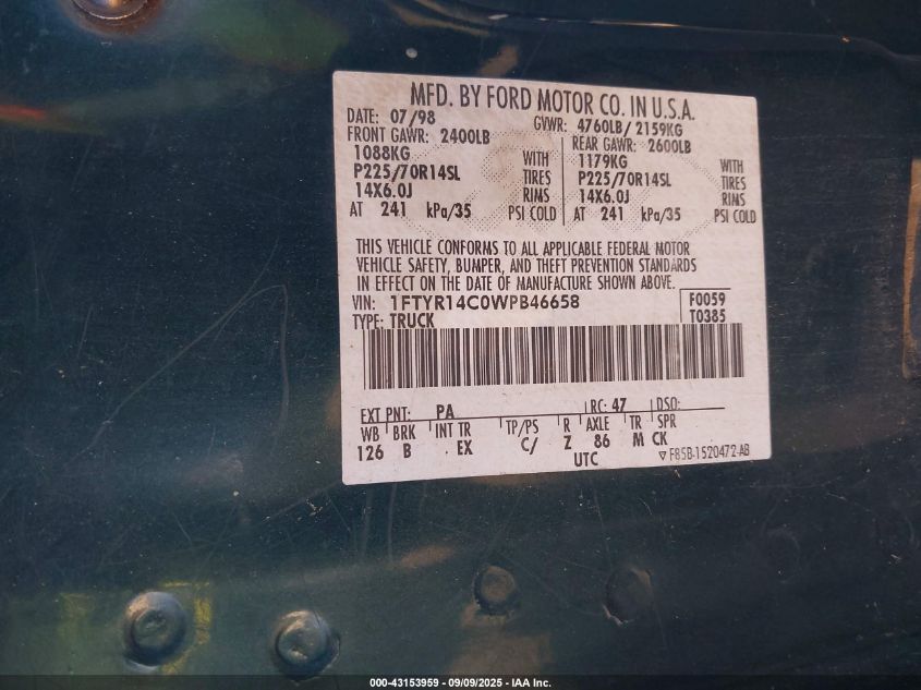 1998 Ford Ranger Xl/Xlt VIN: 1FTYR14C0WPB46658 Lot: 43153959