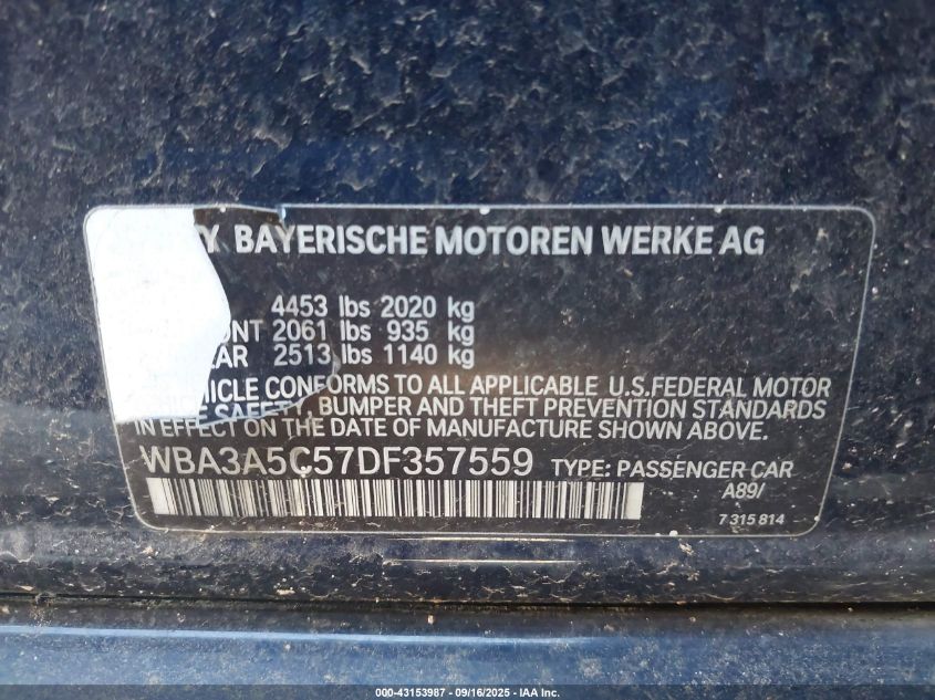 2013 BMW 328I VIN: WBA3A5C57DF357559 Lot: 43153987