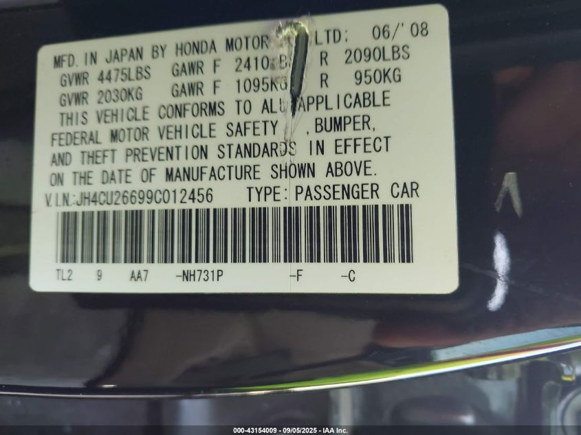 2009 Acura Tsx VIN: JH4CU26699C012456 Lot: 43154009