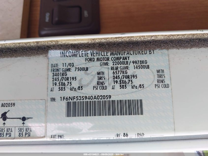2004 Ford F550 Super Duty Stripped Chass VIN: 1F6NF53S940A02059 Lot: 43154021