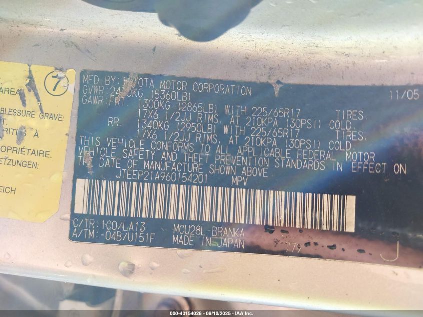 2006 Toyota Highlander Limited V6 VIN: JTEEP21A960154201 Lot: 43154026