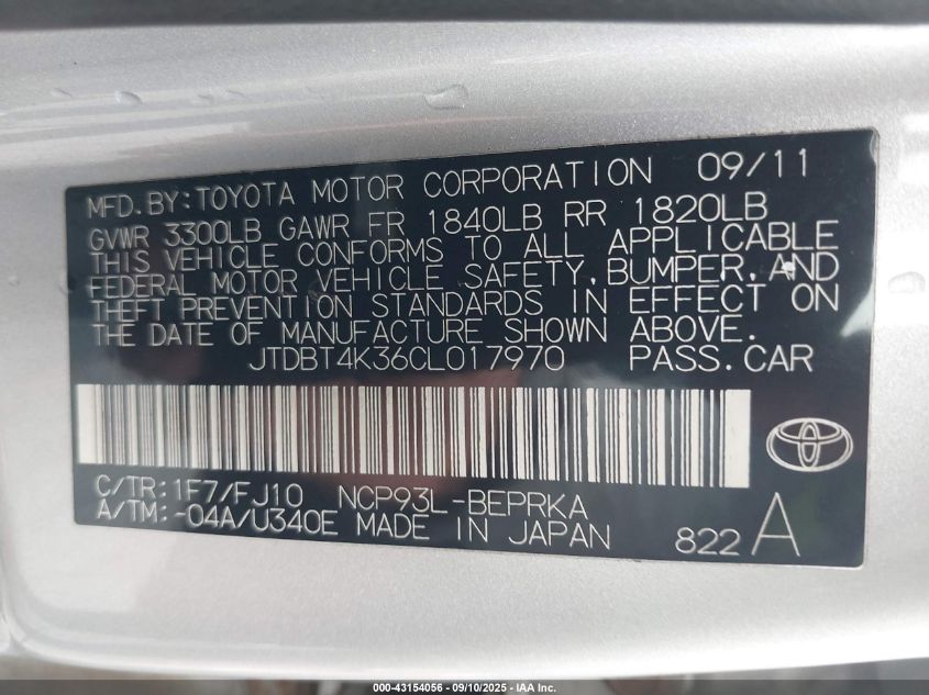 2012 Toyota Yaris VIN: JTDBT4K36CL017970 Lot: 43154056