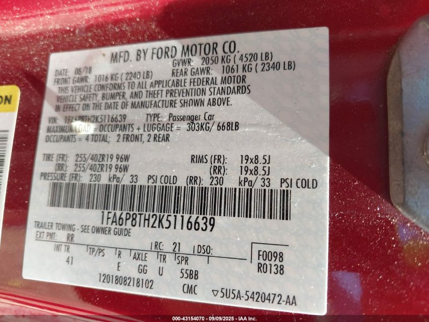 2019 Ford Mustang Ecoboost Premium VIN: 1FA6P8TH2K5116639 Lot: 43154070