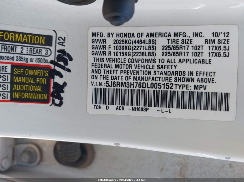 2013 Honda Cr-V Ex-L VIN: 5J6RM3H76DL005152 Lot: 43154072