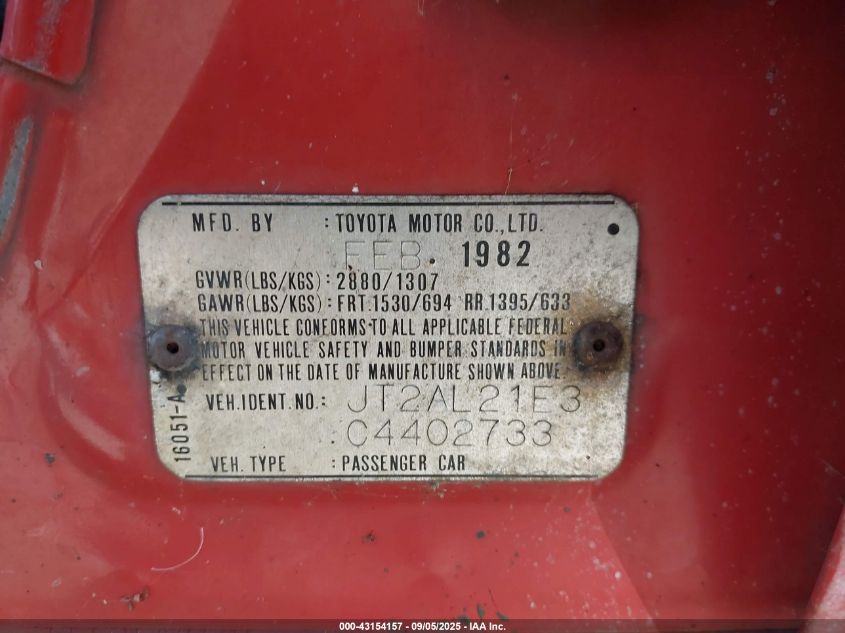 1982 Toyota Tercel Deluxe VIN: JT2AL21E3C4402733 Lot: 43154157