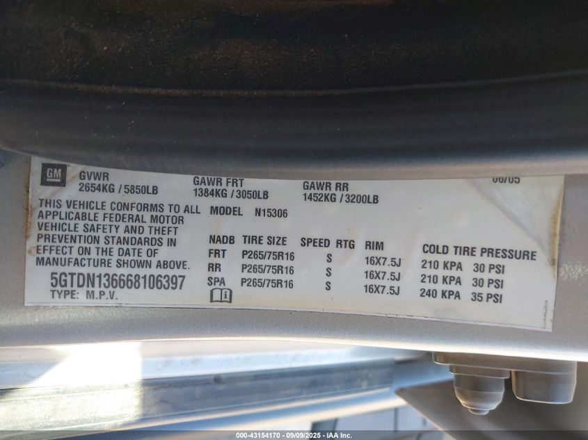 2006 Hummer H3 Suv VIN: 5GTDN136668106397 Lot: 43154170