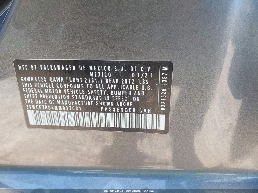 2021 Volkswagen Jetta 1.4T R-Line/1.4T S/1.4T Se VIN: 3VWC57BU8MM037031 Lot: 43154184