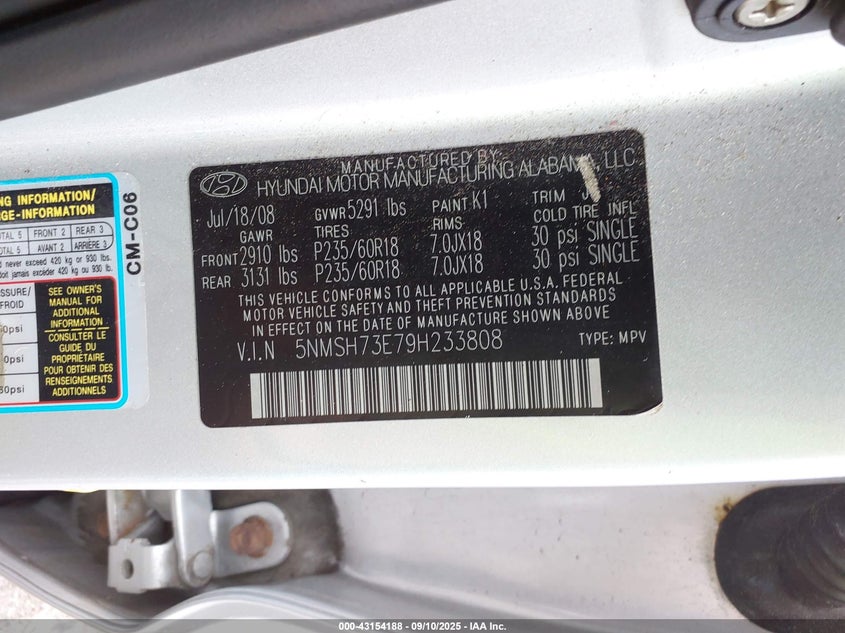 2009 Hyundai Santa Fe Se VIN: 5NMSH73E79H233808 Lot: 43154188
