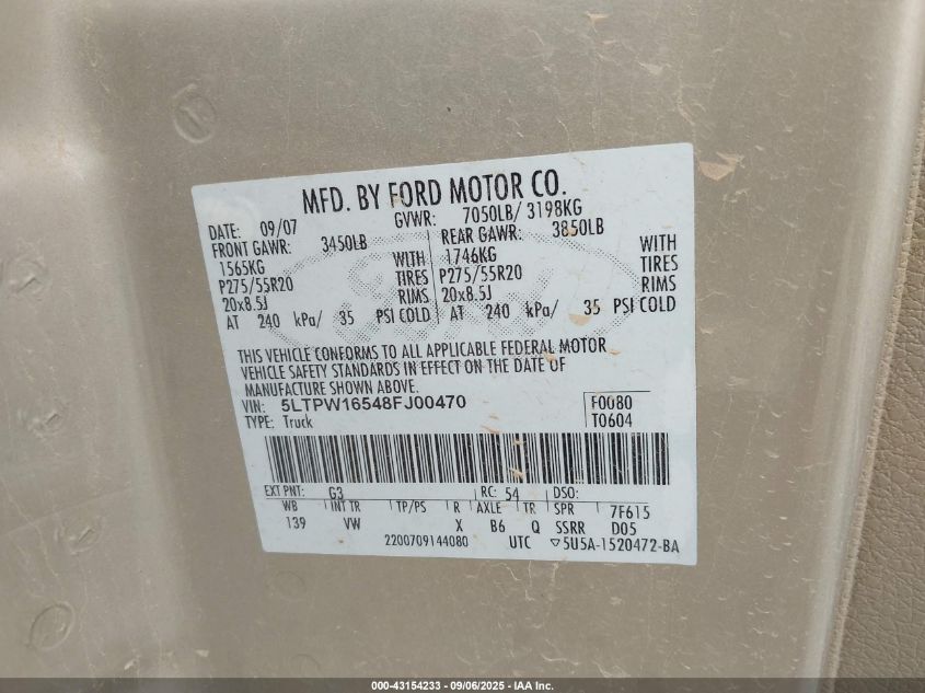 2008 Lincoln Mark Lt VIN: 5LTPW16548FJ00470 Lot: 43154233