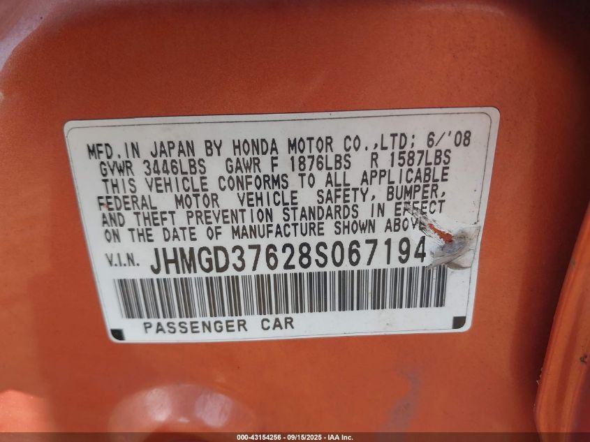 2008 Honda Fit Sport VIN: JHMGD37628S067194 Lot: 43154256