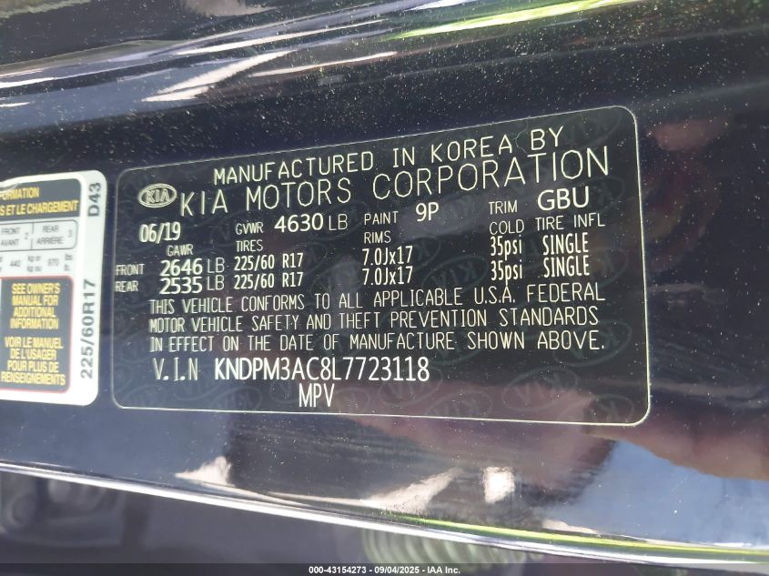 2020 Kia Sportage Lx VIN: KNDPM3AC8L7723118 Lot: 43154273