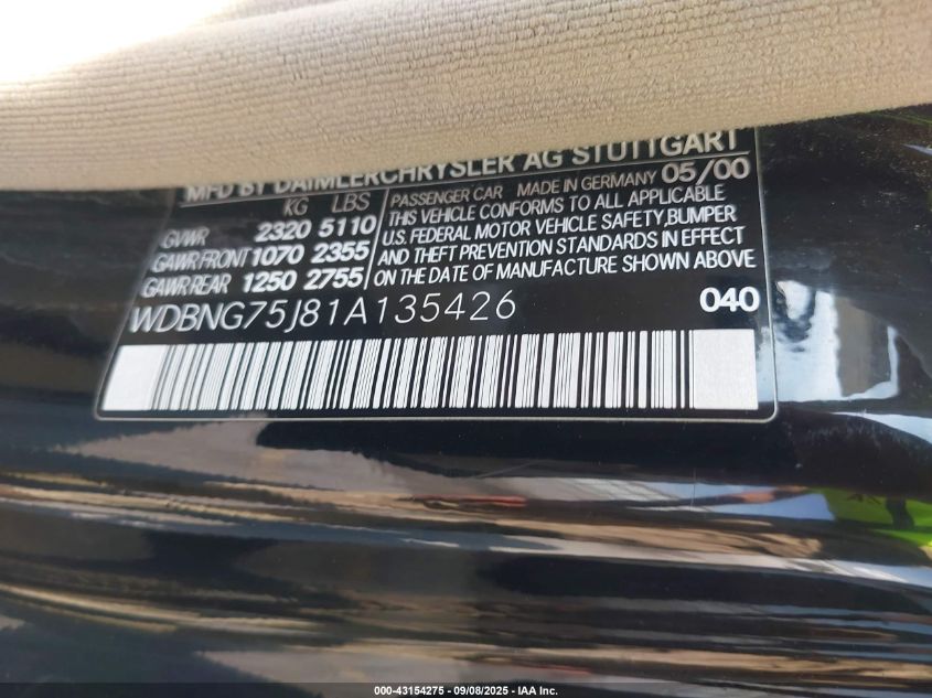 2001 Mercedes-Benz S 500 VIN: WDBNG75J81A135426 Lot: 43154275