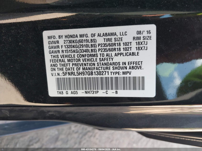 2016 Honda Odyssey Touring/Touring Elite VIN: 5FNRL5H97GB130271 Lot: 43154278