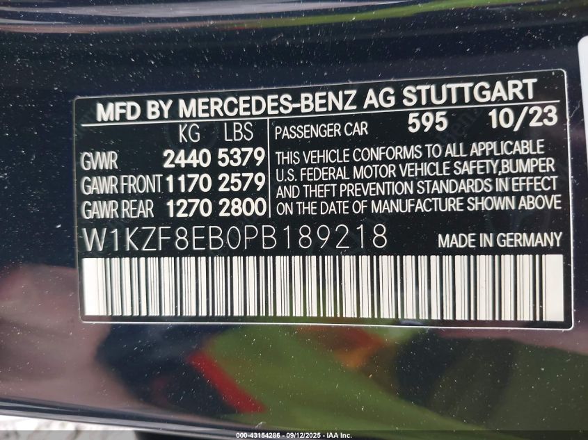2023 Mercedes-Benz E 350 4Matic VIN: W1KZF8EB0PB189218 Lot: 43154286