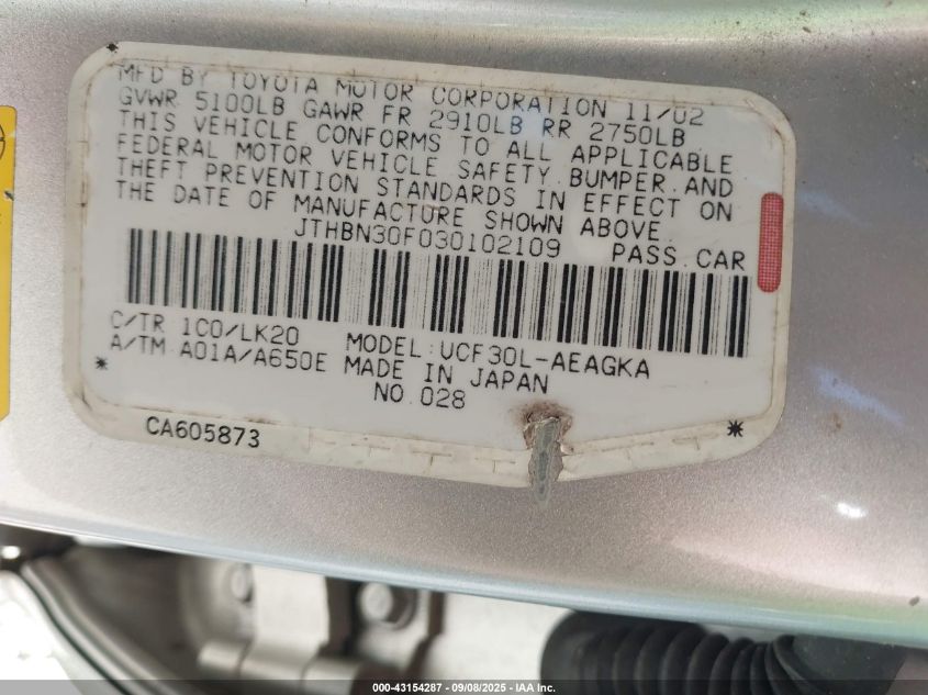 2003 Lexus Ls 430 VIN: JTHBN30F030102109 Lot: 43154287