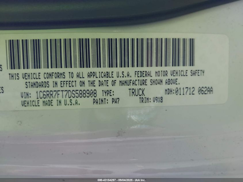 2013 Ram 1500 Express VIN: 1C6RR7FT7DS588908 Lot: 43154297