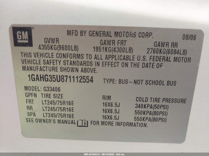 2007 Chevrolet Express Ls VIN: 1GAHG35U871112554 Lot: 43154312