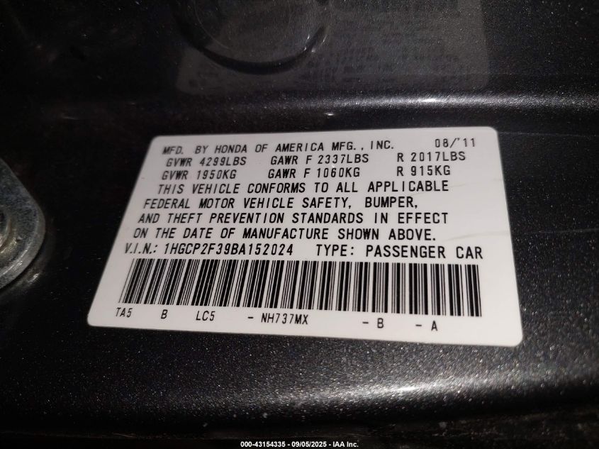 2011 Honda Accord 2.4 Lx VIN: 1HGCP2F39BA152024 Lot: 43154335