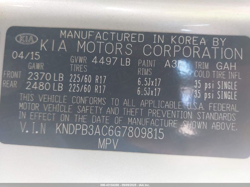 2016 Kia Sportage Lx VIN: KNDPB3AC6G7809815 Lot: 43154350