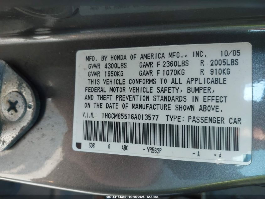 2006 Honda Accord 3.0 Ex VIN: 1HGCM65516A013577 Lot: 43154389