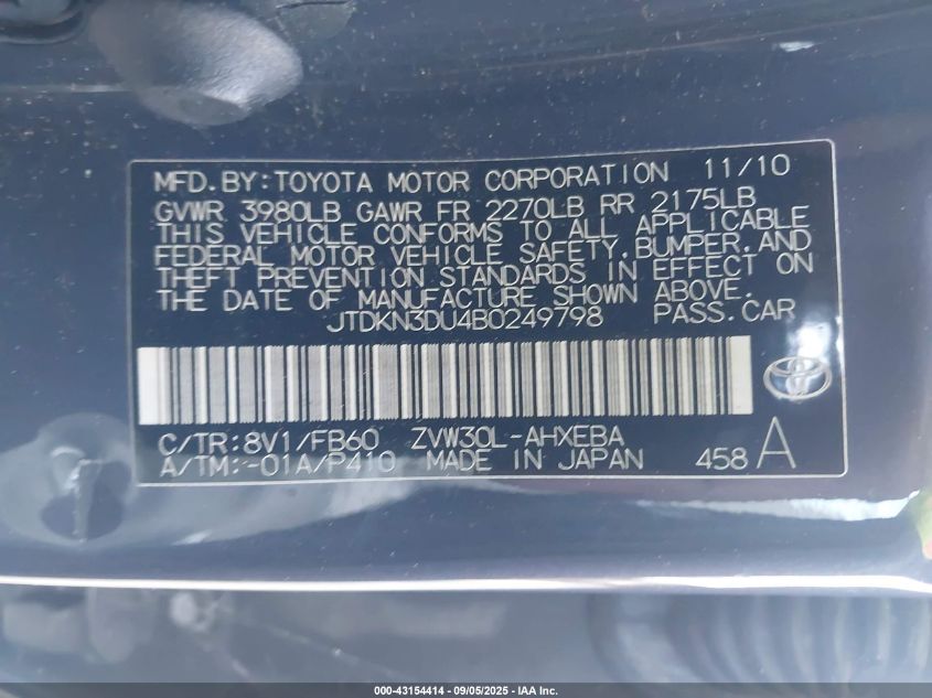 2011 Toyota Prius Three VIN: JTDKN3DU4B0249798 Lot: 43154414